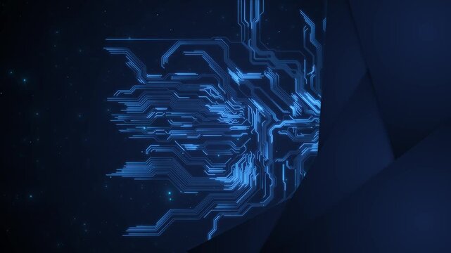 Blue circuit arrow background glowing electronic traces, dark technology space, angled geometric panels. Perfect for AI videos, software intros, data transfer, cyber themes, and futuristic overlays.