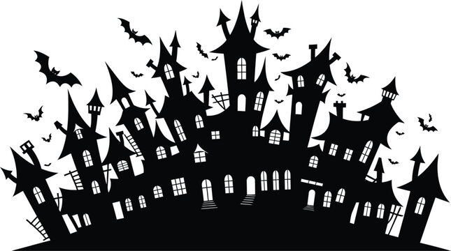 Spooky halloween illustration with human skulls on sticks and bats flying around a dead tree