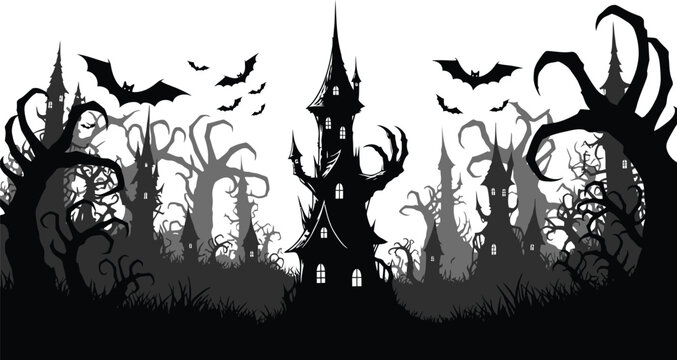 Spooky halloween illustration with human skulls on sticks and bats flying around a dead tree