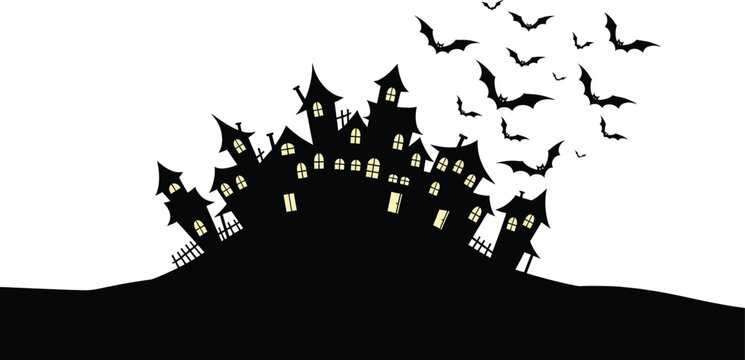 Spooky halloween illustration with human skulls on sticks and bats flying around a dead tree