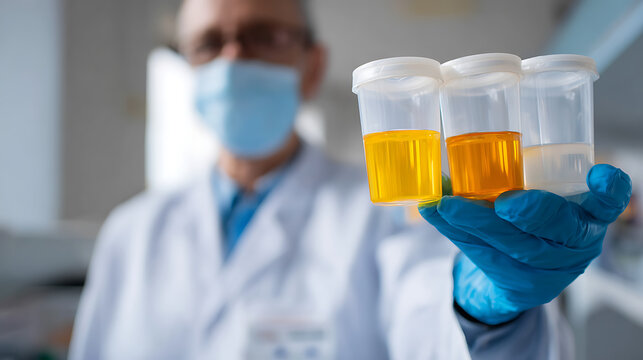 Medical professional in lab coat and face mask with blue glove holds three urine sample containers showing different liquid colors for health analysis