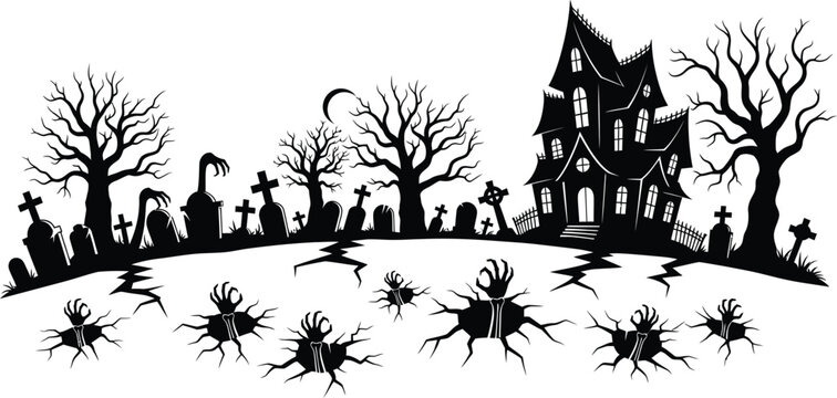 Spooky halloween illustration with human skulls on sticks and bats flying around a dead tree