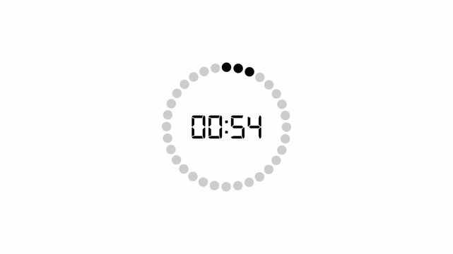 Digital countdown timer animation (60&ndash;0 seconds), transparent background, 4K video