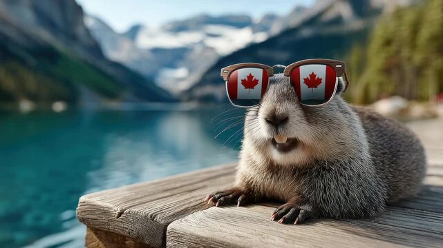 Canada Day. Beaver wildlife enjoying nature, wearing maple leaf inspired sunglasses at a scenic lake with mountains, embodying Canadian spirit and a cool summer vacation