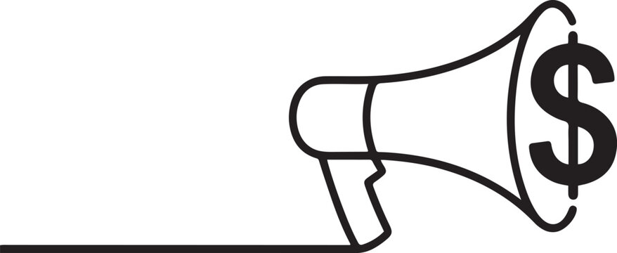 Abstract megaphone with dollar as continuous lines drawing on white background. one line icon drawing vector
