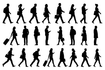 Naklejka premium Silhouettes of diverse individuals walking and engaging with devices.