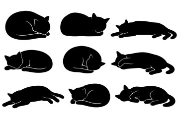 Fototapeta premium Collection of black cat silhouettes in various sleeping positions.