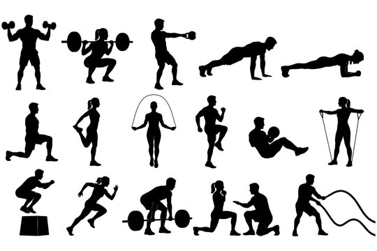 Silhouettes of diverse exercises: fitness routine with weights and cardio.