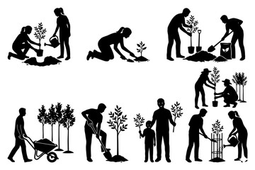 Obraz premium Silhouette illustrations of people planting and caring for trees.