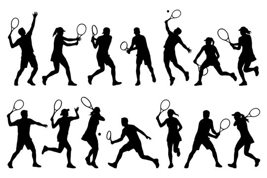 Silhouettes of diverse athletes playing tennis - action poses collection.