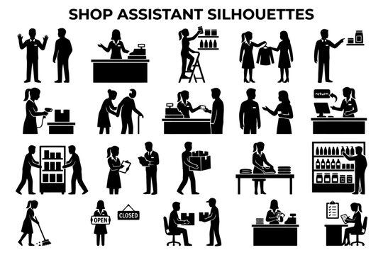 Shop assistant silhouettes in various retail scenarios and interactions.