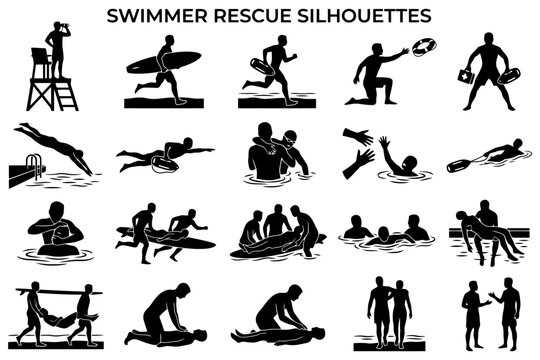Swimmer rescue silhouettes depicting lifeguard and swimming safety scenes.