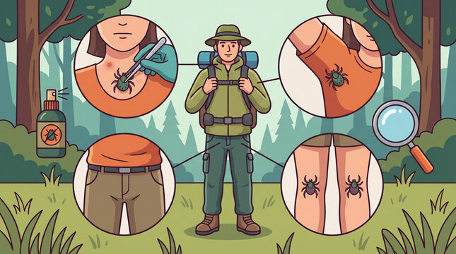 Illustration from a series about tick safety and prevention in outdoor environments. This educational visual explains how to protect people and pets from ticks, including proper clothing, use of repel