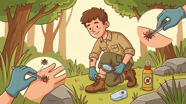 Illustration from a series about tick safety and prevention in outdoor environments. This educational visual explains how to protect people and pets from ticks, including proper clothing, use of repel