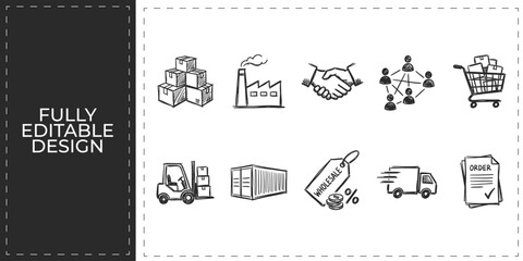 Ecommerce supply chain and industrial production icons with factory shopping cart delivery truck and handshake vector illustration for global business trade concept © Ashik  Khan
