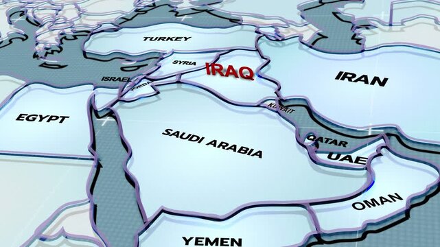  a stylized 3D map highlighting IRAQ, Middle East, IRAQ map, middle east countries, IRAQ,
