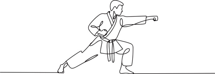 Single continuous line drawing male karate athlete in horse stance performing a punch. one line icon drawing vector © jinnatun