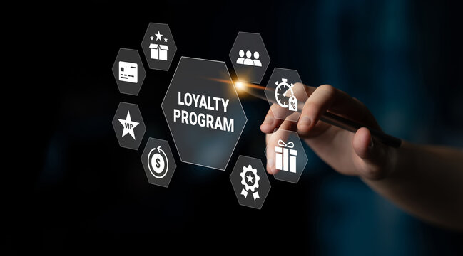 A hand interacts with an innovative digital interface showcasing loyalty program icons and rewards, symbolizing customer engagement and modern marketing strategies. Ledger