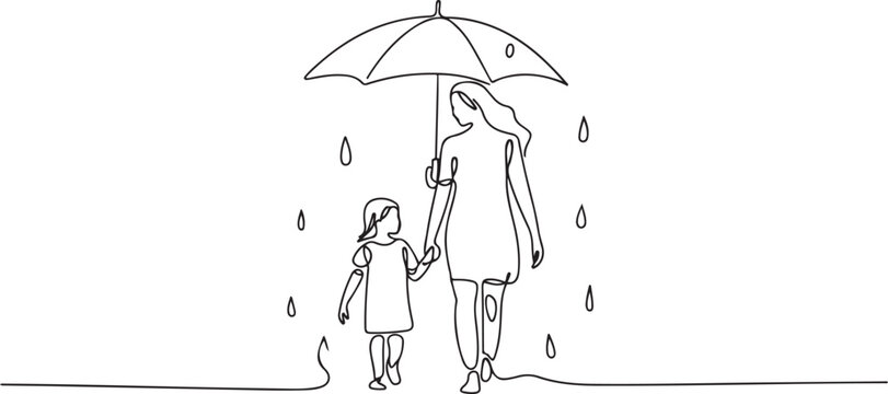 mother and her little daughter walking together with umbrella rainy day life full body length. one line icon drawing vector