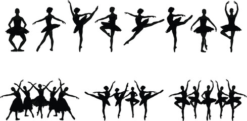 Ballet dancer silhouette set featuring classical dance poses group performance and graceful movement for theater design and choreography visuals © Natasa.White