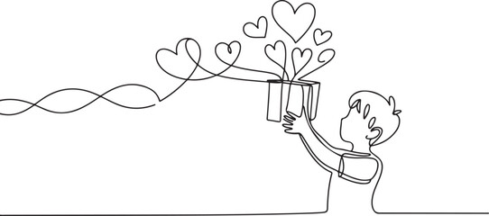 Single one line drawing the boy brought a gift box from which lots of hearts came out to the top. Symbolism of infinite love. one line icon drawing vector