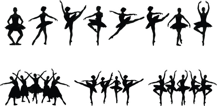 Ballet dancer silhouette set featuring classical dance poses group performance and graceful movement for theater design and choreography visuals