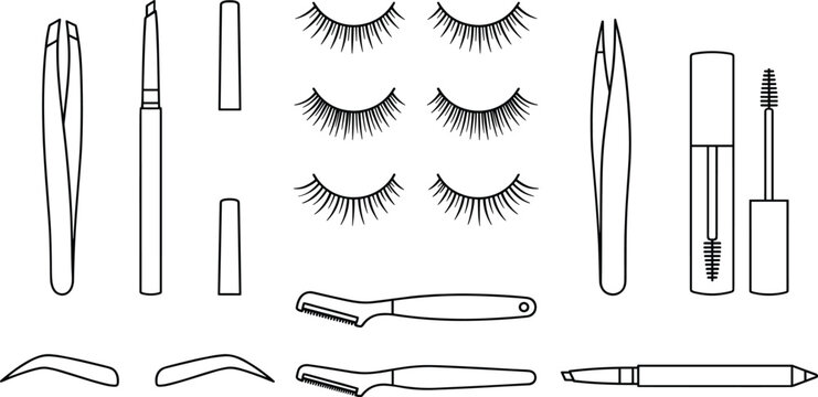 Eyelash extension tools and beauty cosmetic icon set featuring tweezers mascara razors and lashes for salon and makeup design