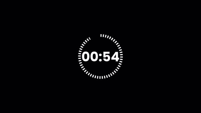 Digital countdown timer animation (60&ndash;0 seconds), transparent background, 4K video
