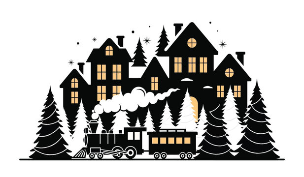 silhouette of a winter landscape with houses pine trees and a steam train against a starry sky high quality professional detailed modern elegant stylish