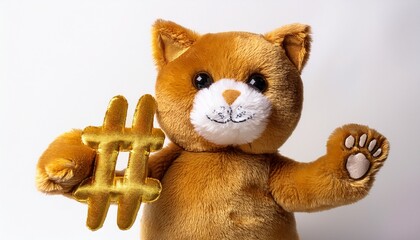 golden cat paw plushie holding internationalcatday hashtag sign on white background for feline celebration and social media