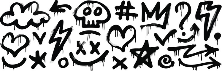 graffiti spray paint textured symbol icon set with skull crown heart star lightning bolt and drip in black urban street art style © Sumaia