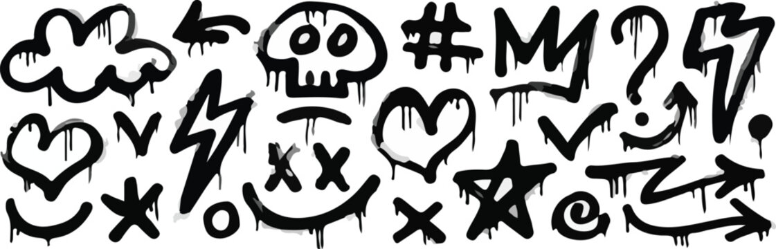 graffiti spray paint textured symbol icon set with skull crown heart star lightning bolt and drip in black urban street art style