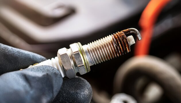 macro of a used spark plug with carbon buildup automotive maintenance and engine tune up concept car repair service replacing an ignition system component