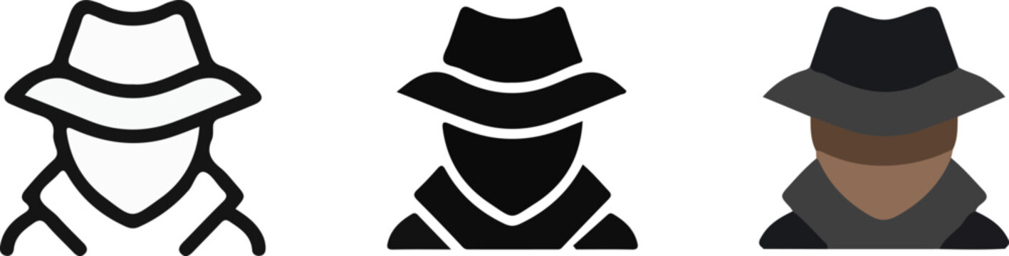 three spy incognito detective person icon set in outline solid and colored flat design for ui web and app