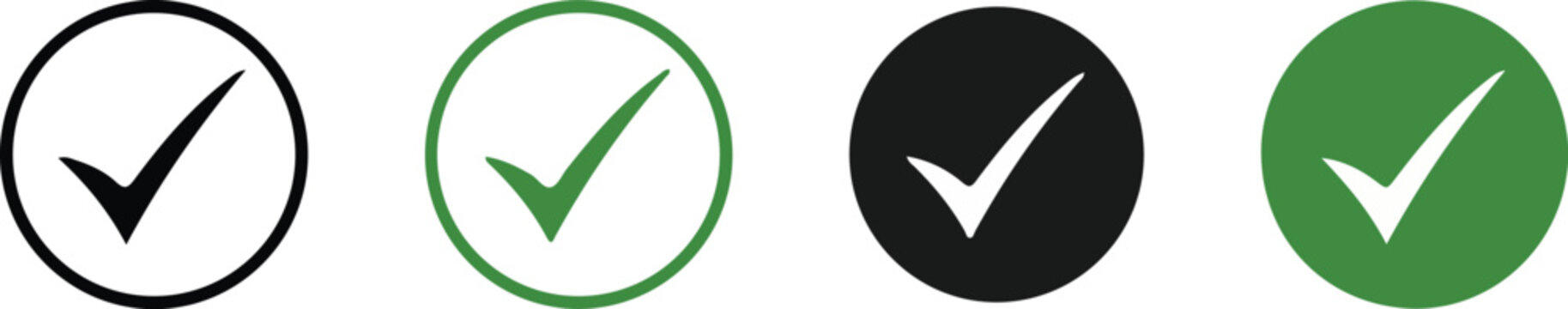 four circular checkmark tick icons set in black and green flat design for ui web and app