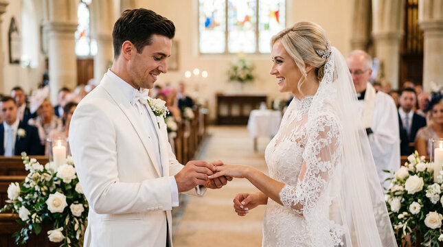 Groom placing ring on elegant bride during wedding ceremony .love union commitment and emotional celebration in romantic intimate moment concept.