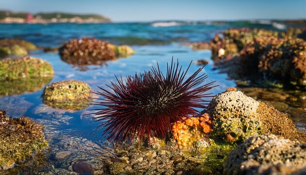 pencil urchin in tidepool with marine life and rocks
