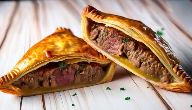 cornish pasty halved showing chunky steak and potato filling with golden pastry crust for national pie day celebration