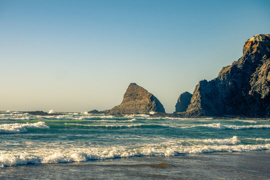 Scenic view of Odeceixe Beach (Praia de Odeceixe) at sunset, Alentejo/Algarve border, Portugal.