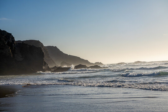 Scenic view of Odeceixe Beach (Praia de Odeceixe) at sunset, Alentejo/Algarve border, Portugal.
