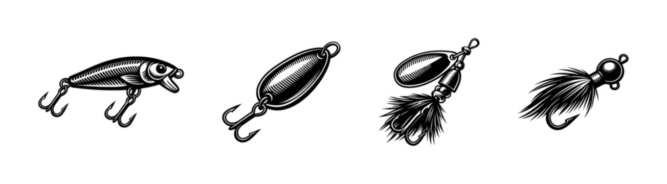 Collection of vintage fishing lure illustrations, black and white vector art, fishing equipment silhouettes