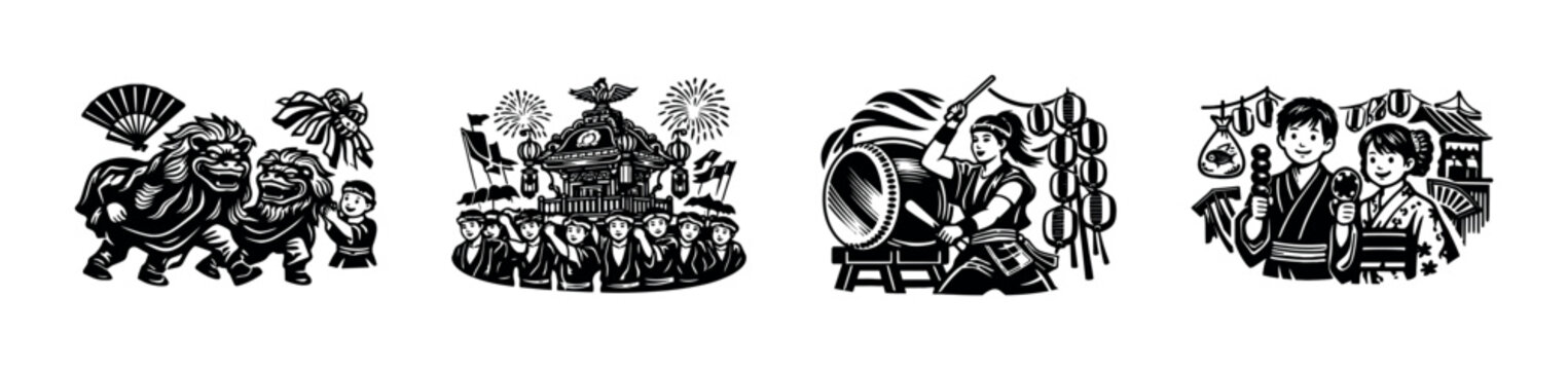 Japanese festival events vector illustration with traditional drumming lion dance and fireworks
