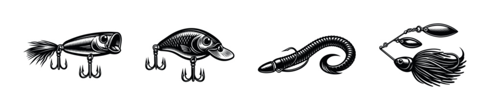 Black and white vector illustrations of fishing lures including bait and tackle designs