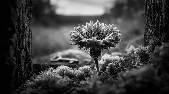 Dew-covered wildflower macro in black and white with a vintage key