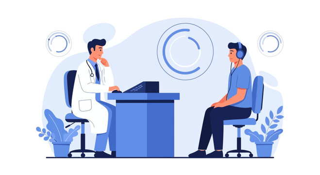 Doctor examining patient's hearing with audiometer in clinic, audiology test