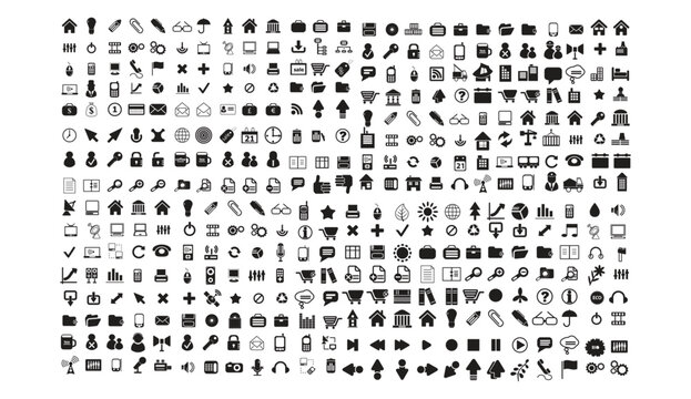 Large assortment of black icons on white background versatile graphic icon set collection background illustration