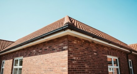 Fototapeta premium Brick Building with Tiled Roof and Windows Under a Clear Blue Sky.