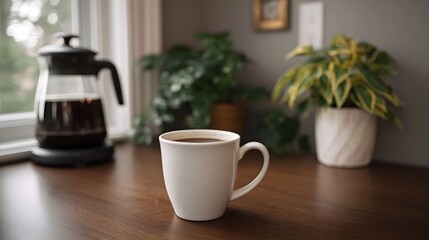Fototapeta premium A white ceramic mug rests on a wooden table near various indoor plants and a coffee brewing setup capturing a quiet morning moment