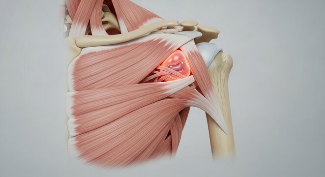 Anatomical illustration of the human shoulder joint muscles and skeletal structure.