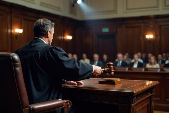 A judge, viewed from behind, holding a gavel in a solemn courtroom setting with an audience in the background.